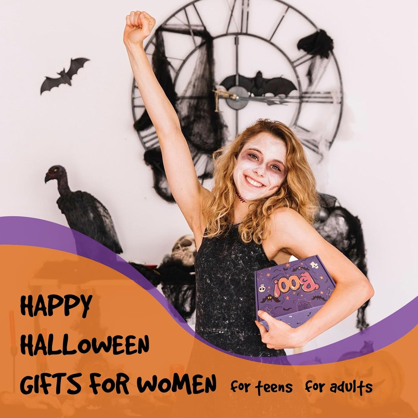 Halloween Boo Basket Gift Set for Women – 16 oz Purple Glass Cup & 6-Piece Halloween Gift Set