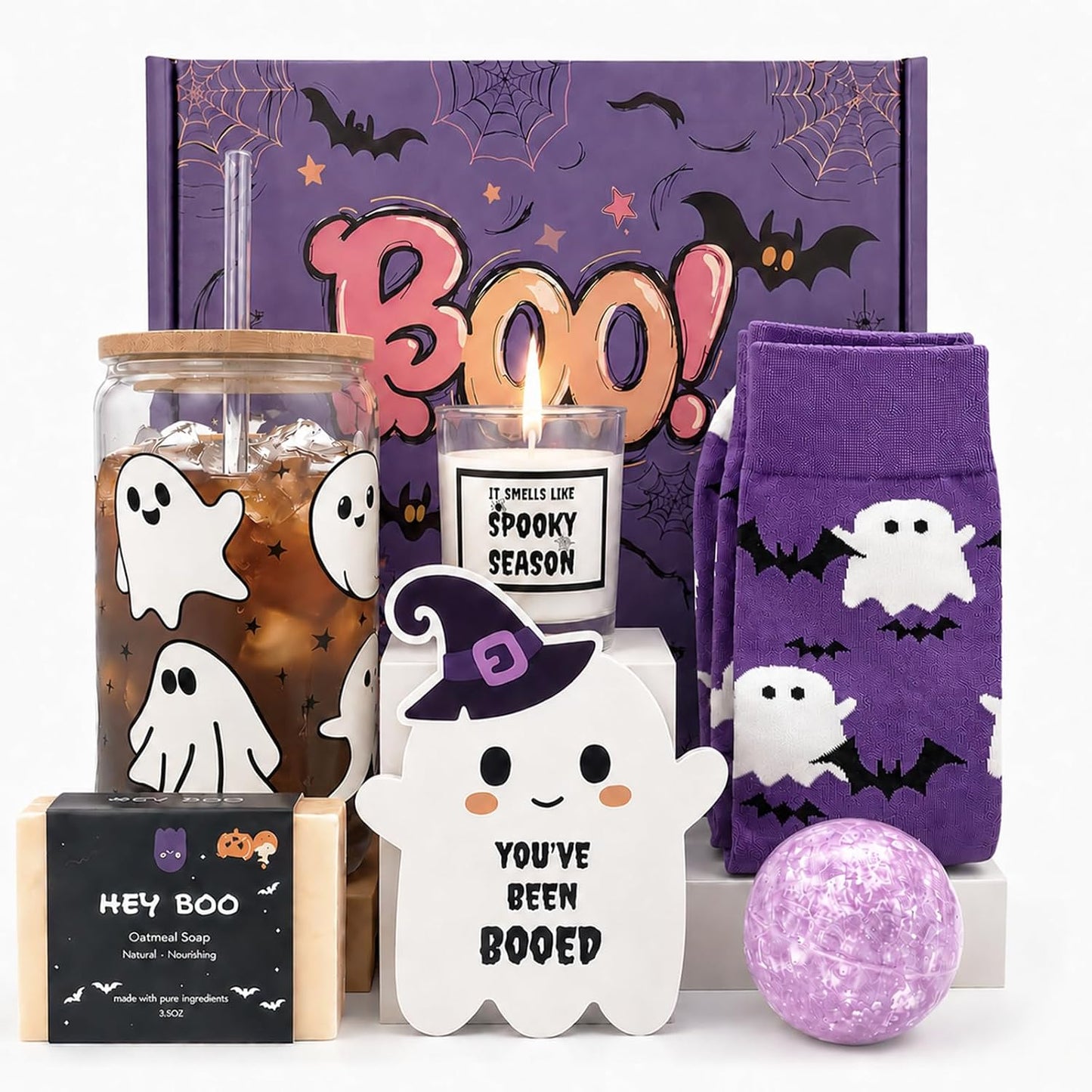 Halloween Boo Basket Gift Set for Women – 16 oz Purple Glass Cup & 6-Piece Halloween Gift Set