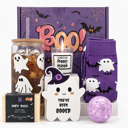 Halloween Boo Basket Gift Set for Women – 16 oz Purple Glass Cup & 6-Piece Halloween Gift Set