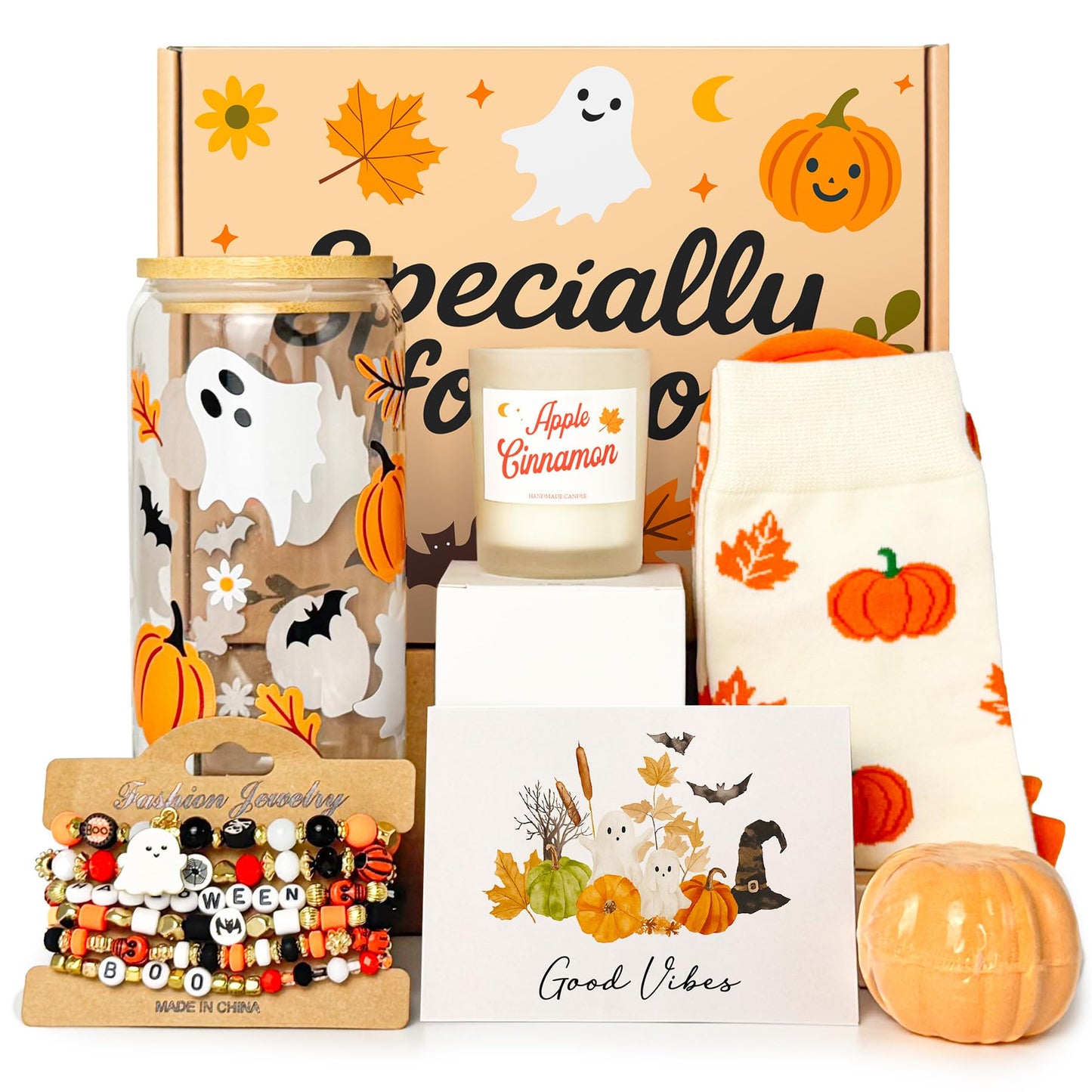 Halloween Boo Basket Gift Set for Women – 16 oz Purple Glass Cup & 6-Piece Halloween Gift Set