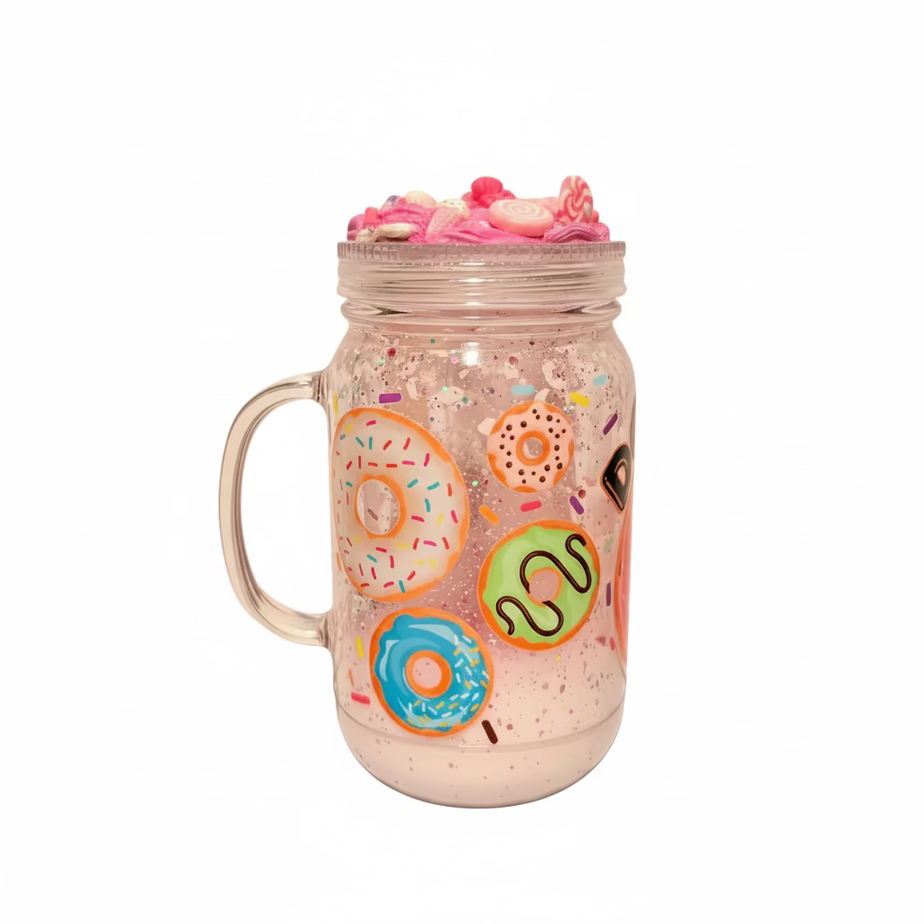 A double wall  mason jar with a handle, filled with pink lava liquid and decorated with colorful donut illustrations. The jar is topped with a clear screw lid and a pink decorative crust made of small pink candies and sprinkles, set against a plain light background.